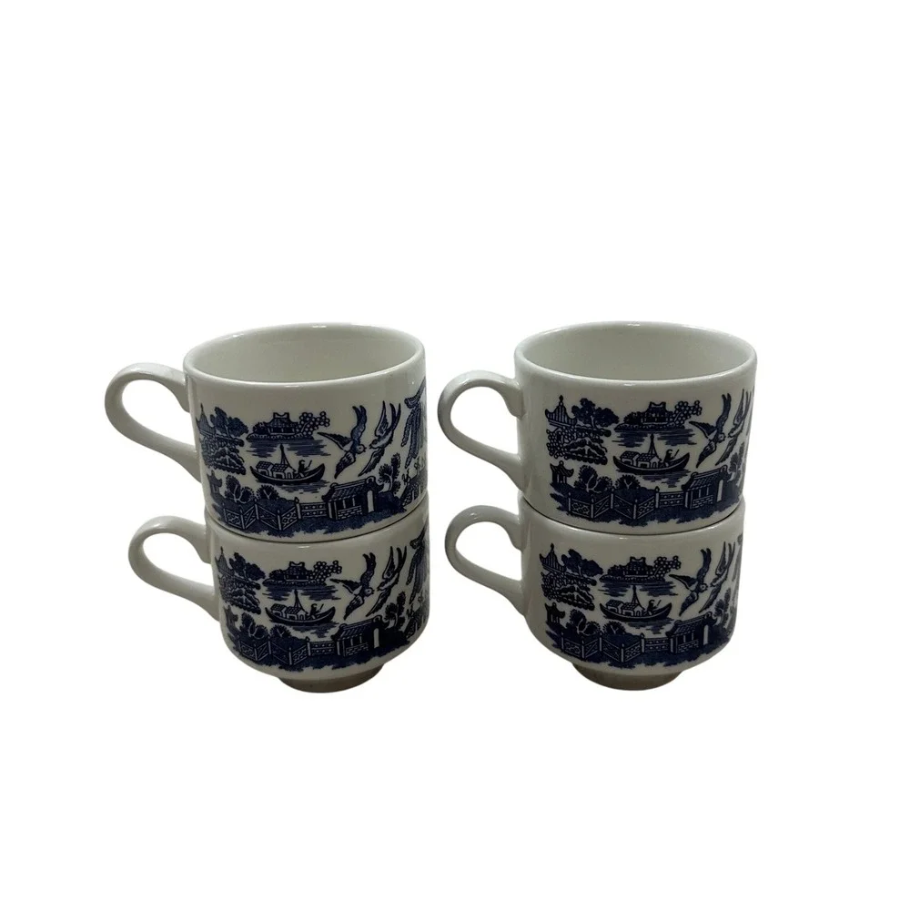 Vintage Blue Willow Tea Cups Set of 4‎ Made in England Blue White Chinoiserie